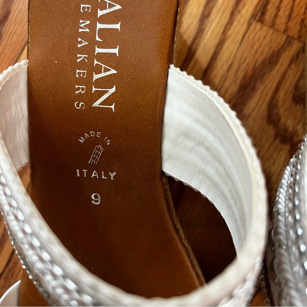 Italian Shoe Makers Silver Embellished Double Band Wedge Sandals Made In Italy 9